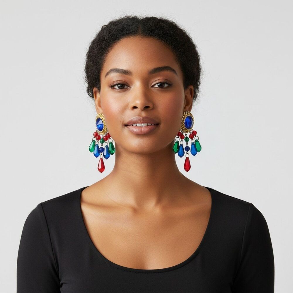 Vintage 1980s Multi Color Crystal Chandelier Drop Earrings Boho Statement 3"